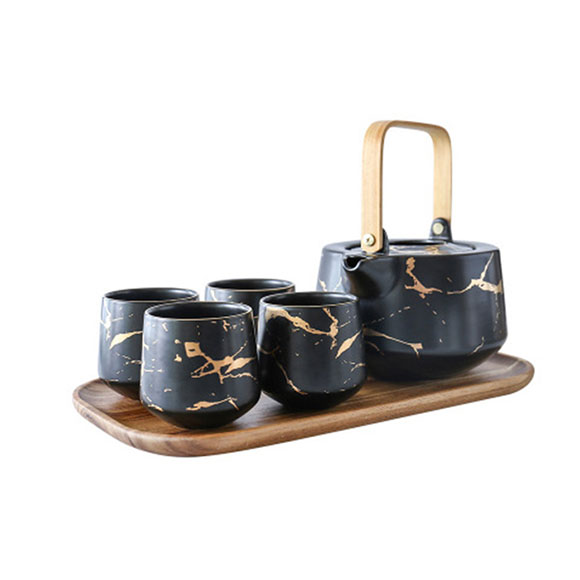 Household Marble Coffee and Tea Set Japanese-style Black and White Ceramic Afternoon Teapot Tea Cup with Wooden Bottom