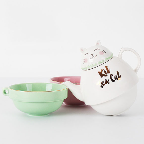 Unique design cat shaped stackable custom logo gold rim porcelain coffee tea set for two people